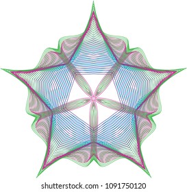 Star guilloche rosette with folded central flaps amid several layers of green, red violet and light blue mesh waves.
