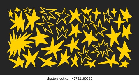 Collage de lápiz de mano estrella en un aspecto de etiqueta dinámica con una Grande colección de estrellas amarillas dibujadas a mano en varios tamaños y Formas expresivas sobre un fondo oscuro. Texturas de croquis brutas y nítidas