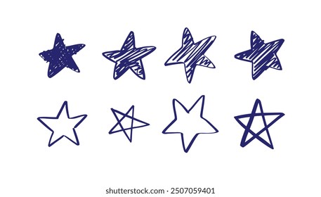 Pluma de marcador azul dibujado a mano estrella. Dibujo de boceto de estrella Doodle. Ilustración vectorial