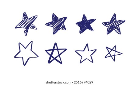 Pluma de marcador azul dibujado a mano estrella. Dibujo de boceto de estrella Doodle. Ilustración vectorial