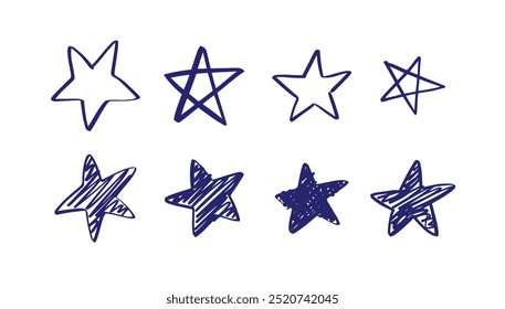 Pluma de marcador azul dibujado a mano estrella. Dibujo de boceto de estrella Doodle. Ilustración vectorial