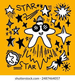 Star hand drawn set. Black vector star illustration drawn in doodle style on a yellow background