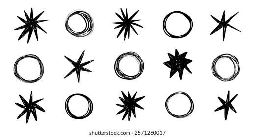 Star hand drawn set. Hand written sunburst outline stroke grunge graffiti isolated elements.