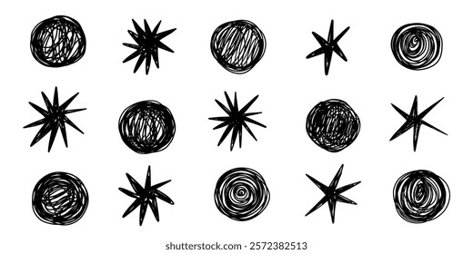 Star hand drawn set. Hand written sunburst outline stroke grunge graffiti isolated elements.