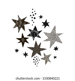 Star hand drawn vector illustrations set. Monochrome starry sky flat simple composition. Scandinavian decorative scribble, squiggle, zigzag, circle stardom drawing. Black and white doodle celestial