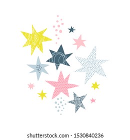 Star hand drawn vector illustrations set. Multicolor starry sky flat simple composition. Scandinavian decorative scribble, squiggle, zigzag, circle stardom drawing. Pink, blue, yellow doodle celestial