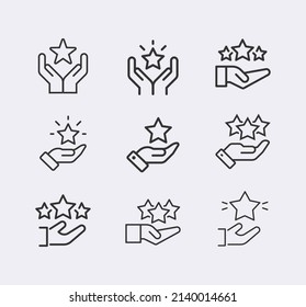 Juego de iconos de línea de inicio en la mano. Star Rating, revisión