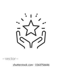 star in the hands icon, outline high reward, status good quality, star shine, thin line web symbol on white background - editable stroke vector illustration eps 10