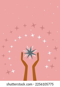 Estrella en manos sobre fondo rosa, espiritualidad esotérica, ilustración tarot, concepto de luz interior