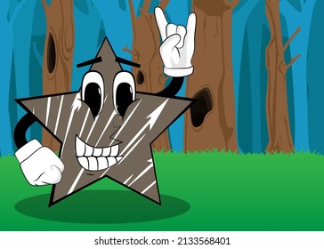 Star with hands in rocker pose. Funny and cute cartoon character, with anthropomorphic face.