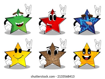 Star with hands in rocker pose. Funny and cute cartoon character, with anthropomorphic face.