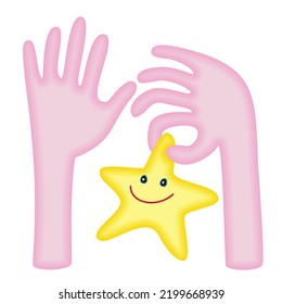 Star in hands. Vector cute illustration of smiling star isolated on white background. Success concept.