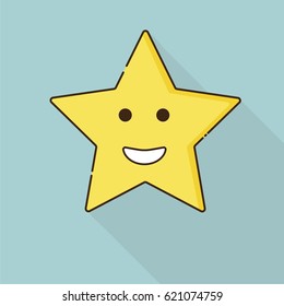 Star happy yellow long shadow, big smile, Vector illustration.
