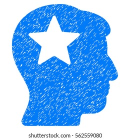 Star Head grainy textured icon for overlay watermark stamps. Flat symbol with scratched texture. Dotted vector blue ink rubber seal stamp with grunge design on a white background.