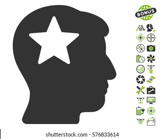 Star Head icon with bonus quad copter service icon set. Vector illustration style is flat iconic eco green and gray symbols on white background.