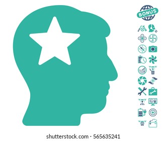 Star Head pictograph with bonus drone service images. Vector illustration style is flat iconic cobalt and cyan symbols on white background.