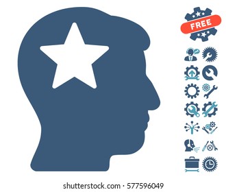Star Head pictograph with bonus setup tools clip art. Vector illustration style is flat iconic cyan and blue symbols on white background.