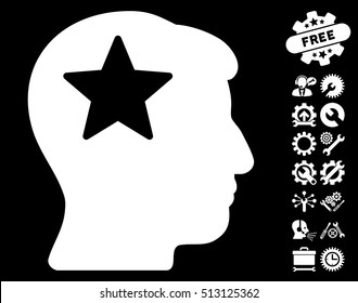 Star Head pictograph with bonus tools pictures. Vector illustration style is flat iconic white symbols on black background.