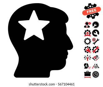 Star Head pictograph with bonus tools pictures. Vector illustration style is flat iconic intensive red and black symbols on white background.