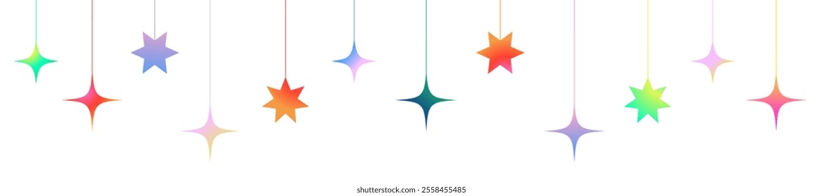 Star header.Stars Hanging Decoration.Seamless twinkle for Christmas,New year time,party,birthday,Holiday concept.Set bright gradient stars isolated on transparent background.Vector illustration EPS 10