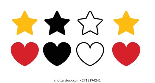 Estrella y corazón icono conjunto Vector, minimalista estrella amarilla y corazón rojo silueta, clasificación y símbolo favorito para las redes sociales y Web interfaz de marca