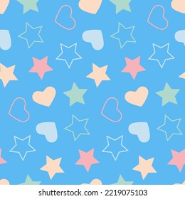 Star heart on blue background seamless pattern, vector illustration