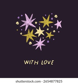 Coração de estrela, design de cartão postal. Cintilações de garatujas desenhadas à mão, constelações de amor no céu noturno, cosmos, espaço. Cartão postal estrelado cósmico com piscadelas no estilo moderno bonito. Ilustração de vetor plano