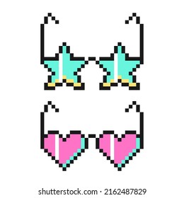 Star and heart sunglasses icons in pixel art design isolated on white background