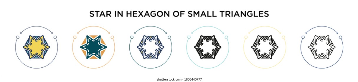 Star in hexagon of small triangles icon in filled, thin line, outline and stroke style. Vector illustration of two colored and black star in hexagon of small triangles vector icons designs can be