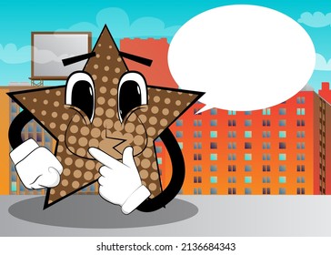 Star holding finger front of his mouth. Funny and cute cartoon character, with anthropomorphic face.
