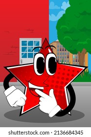 Star holding finger front of his mouth. Funny and cute cartoon character, with anthropomorphic face.