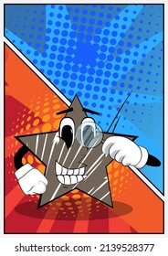 Star holding a magnifying glass. Funny and cute cartoon character, with anthropomorphic face.