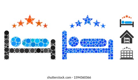 Star hotel bed composition of spheric dots in variable sizes and color tones, based on star hotel bed icon. Vector round dots are united into blue collage.