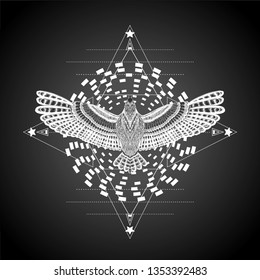 Star with hypnotic round and flying bird. Line art. Detailed mandala and triangles. Symbol of yoga. Wheel of samsara. To be use for tattoo art, print t shirt, coloring book pages. Hypnotic symbol.