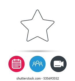 Star Icon. Add To Favorites Sign. Astronomy Symbol. Group Of People, Video Cam And Calendar Icons. Vector