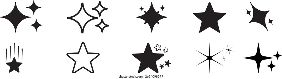 Colección del icono de la estrella, estrella 10 Formas, icono de la estrella conjunto blanco y negro, icono de la estrella de la chispa conjunto de Vectores, ilustrador de Vector.