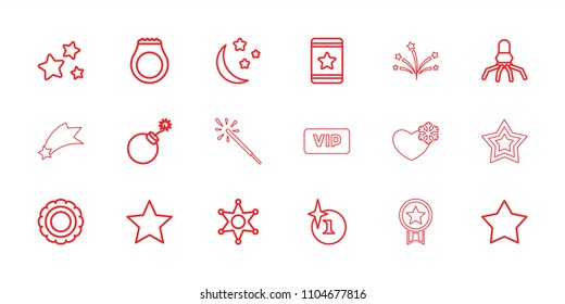 Star icon. collection of 18 star outline icons such as explosion, rocket, award, sheriff, ring, vip, medal, heart frozen, sparkler. editable star icons for web and mobile.