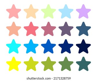 Colección de iconos de estrella, gran conjunto de estrellas de dibujos animados de estilo plano y colores diferentes