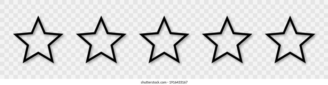 Star icon collection. Blank star vector icons set with shadow. Black line stars mock up isolated on transparent background. Vector design element.