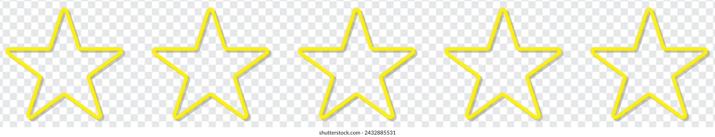 Colección de iconos de estrella. Iconos vectoriales de estrella en blanco con sombra. Las estrellas de línea amarilla se maquetan aisladas sobre fondo transparente. Elemento de diseño vectorial.
