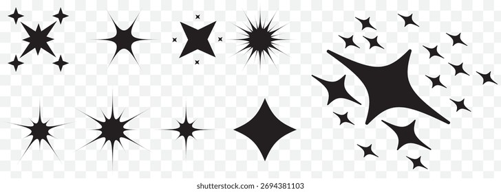 Coleção de ícones de estrelas. Diferentes formas de estrelas. Conjunto de ícones de estrelas pretas. Conjunto de ícones de estrela cintilante. Ilustração vetorial em fundo transparente. EPS 10.