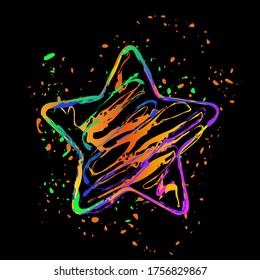 Star icon. Colored ink with splashes on black background