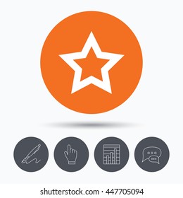 Star icon. Favorite or best sign. Web ranking symbol. Speech bubbles. Pen, hand click and chart. Orange circle button with icon. Vector