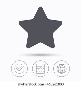 Star icon. Favorite or best sign. Web ranking symbol. Check tick, graph chart and internet globe. Linear icons on white background. Vector