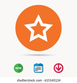 Star icon. Favorite or best sign. Web ranking symbol. Calendar, download arrow and new tag signs. Colored flat web icons. Vector