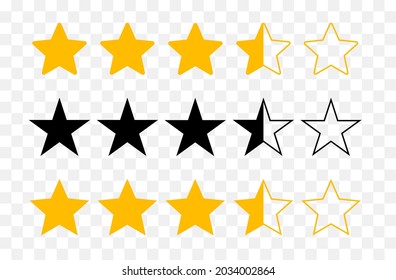 Star icon. Five stars rating icon vector. Yellow and black five stars isolated on transparent background.