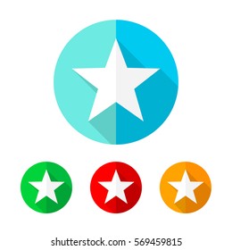 Star icon in flat design, presented in four colors. Star with long shadow in the circle. Vector illustration.