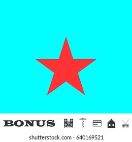 Star icon flat. Red pictogram on blue background. Vector illustration symbol and bonus buttons Music center, corkscrew, credit card, house, drum