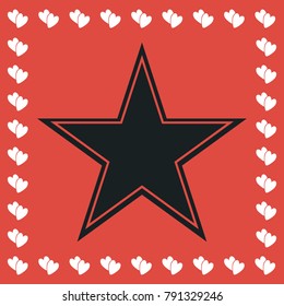Star icon flat. Simple black pictogram on red background with white hearts for valentines day. Vector illustration symbol