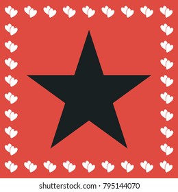 Star icon flat. Simple black pictogram on red background with white hearts for valentines day. Vector illustration symbol